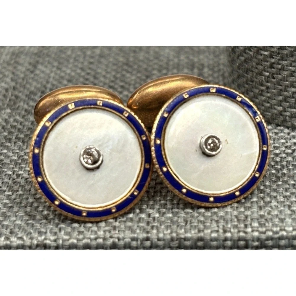 Carter & Howe 14K Gold Mother of Pearl Blue Enamel Diamond Cufflinks Art Deco